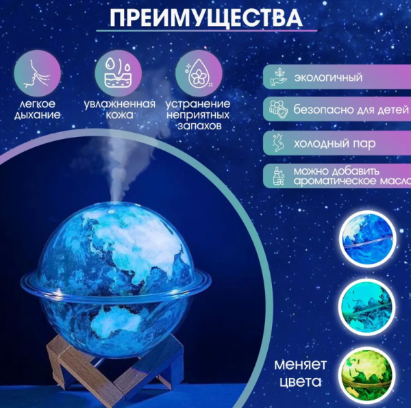 Увлажнитель (аромадиффузор) воздуха USB Galaxy Humidifier SX-E335 с функцией ночника 330 ml на подставке / Светодиодная лампа ночник / 6 цветов подсветки